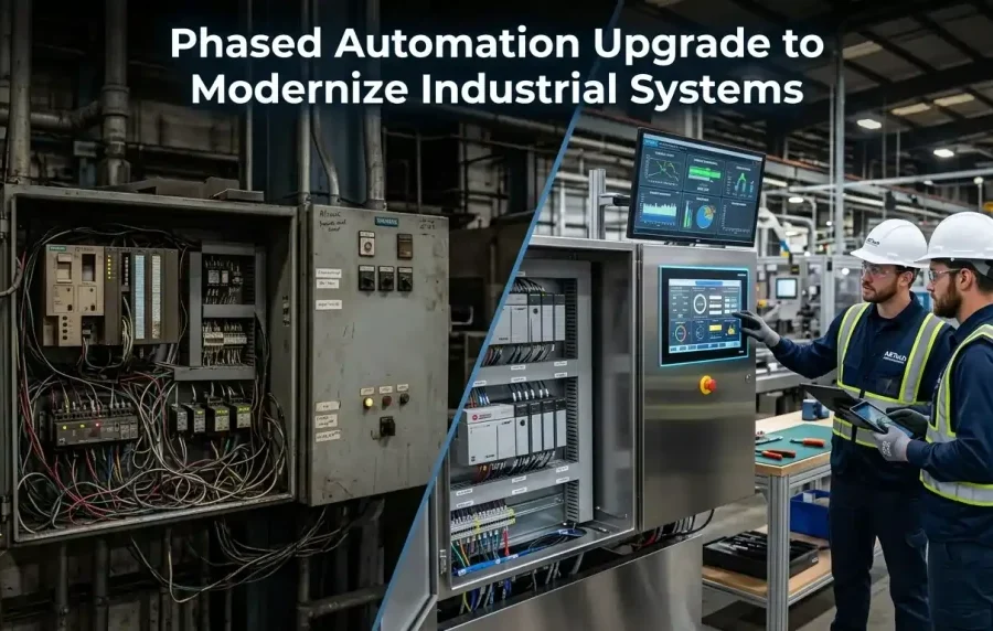 Phased automation upgrade showing old industrial control panel replaced with modern PLC-based system and engineers monitoring digital interface