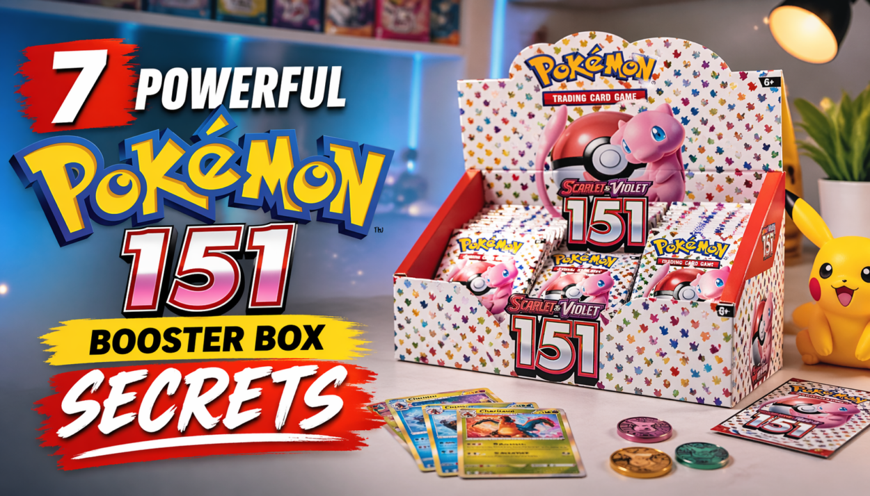 Colorful blog thumbnail showing a Pokémon 151 booster box with trading cards, Pikachu figure, and bold text “7 Powerful Pokémon 151 Booster Box Secrets”