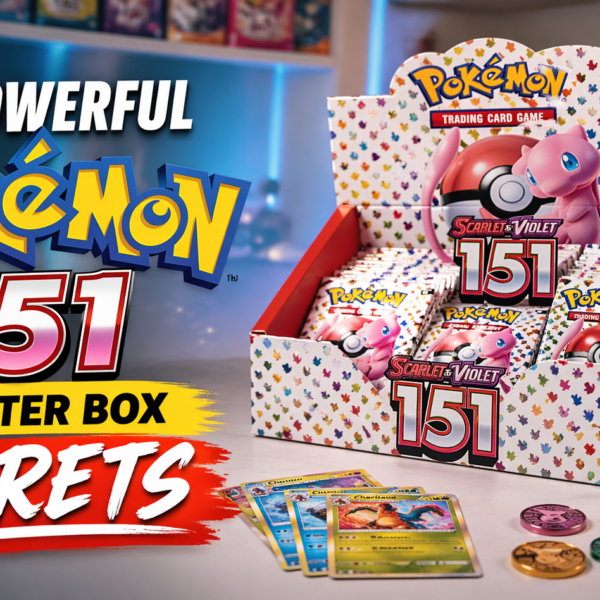 Colorful blog thumbnail showing a Pokémon 151 booster box with trading cards, Pikachu figure, and bold text “7 Powerful Pokémon 151 Booster Box Secrets”