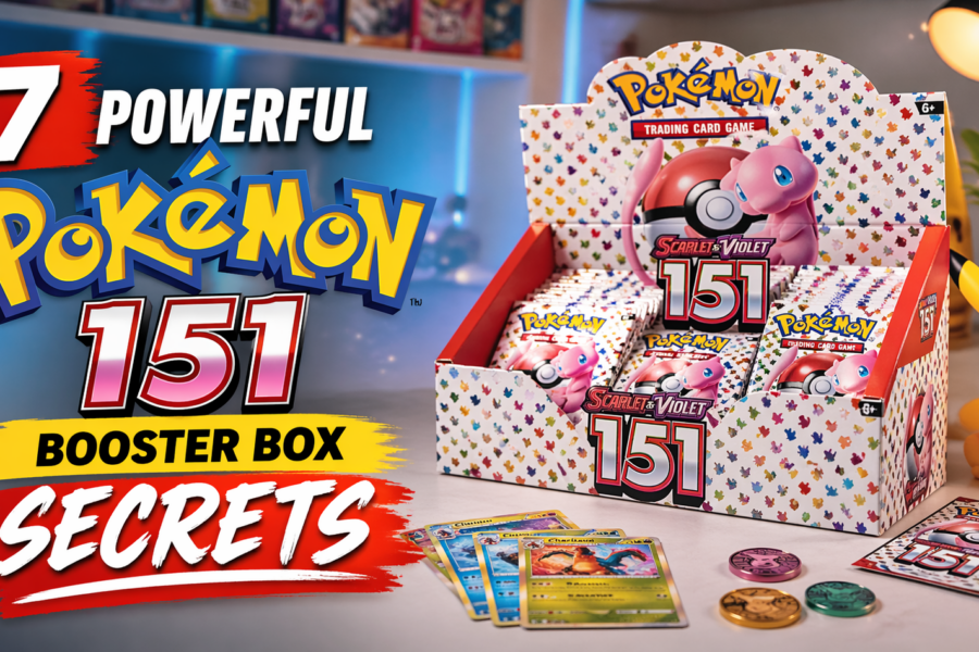 Colorful blog thumbnail showing a Pokémon 151 booster box with trading cards, Pikachu figure, and bold text “7 Powerful Pokémon 151 Booster Box Secrets”