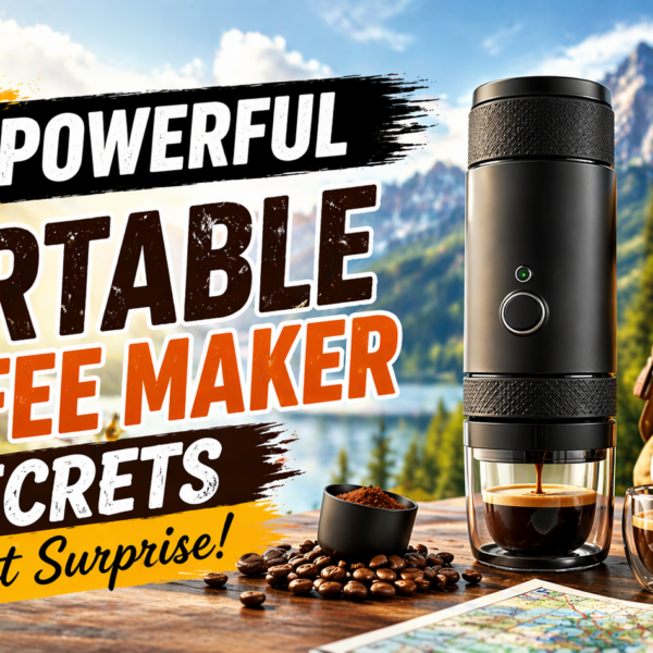 Portable coffee maker brewing espresso outdoors with travel backpack, coffee beans, and mountain lake background