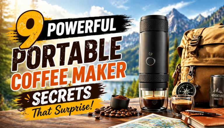Portable coffee maker brewing espresso outdoors with travel backpack, coffee beans, and mountain lake background