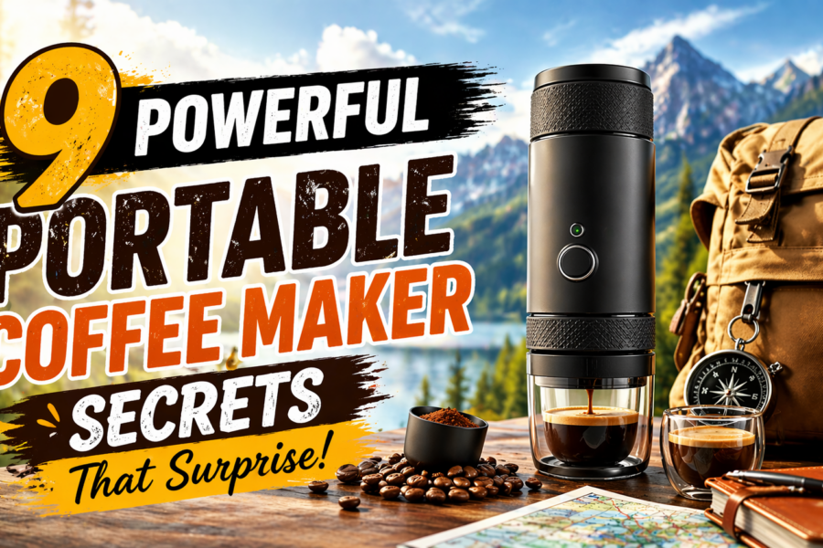 Portable coffee maker brewing espresso outdoors with travel backpack, coffee beans, and mountain lake background
