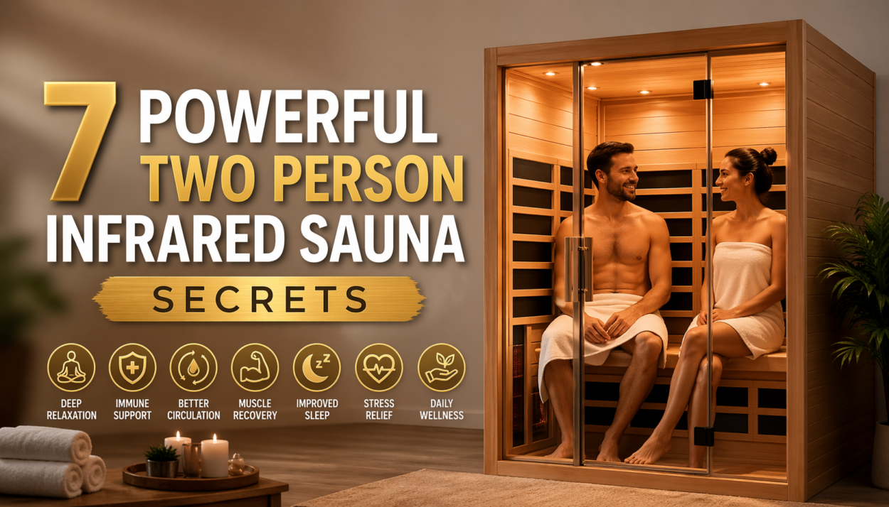 Two people relaxing inside a modern two person infrared sauna at home with warm lighting and a calm wellness settingA relaxing home wellness setup featuring a two person infrared sauna designed for comfort, stress relief, and daily recovery