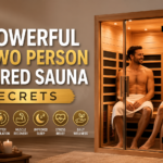 Two people relaxing inside a modern two person infrared sauna at home with warm lighting and a calm wellness settingA relaxing home wellness setup featuring a two person infrared sauna designed for comfort, stress relief, and daily recovery
