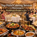 Premium halal catering buffet at a South Asian wedding event in Mississauga with biryani, BBQ, curries, and banquet hall decor.