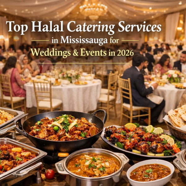Premium halal catering buffet at a South Asian wedding event in Mississauga with biryani, BBQ, curries, and banquet hall decor.