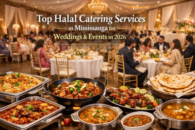 Premium halal catering buffet at a South Asian wedding event in Mississauga with biryani, BBQ, curries, and banquet hall decor.