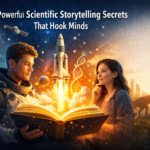 Futuristic blog thumbnail showing a glowing open book launching a rocket into space, with a scientist and a woman observing, surrounded by DNA strands, planets, and science elements representing scientific storytelling.