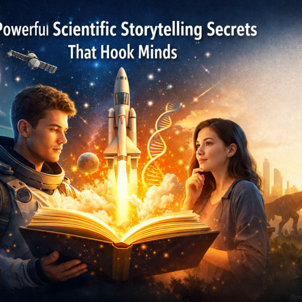 Futuristic blog thumbnail showing a glowing open book launching a rocket into space, with a scientist and a woman observing, surrounded by DNA strands, planets, and science elements representing scientific storytelling.