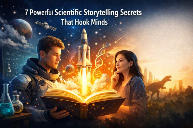 Futuristic blog thumbnail showing a glowing open book launching a rocket into space, with a scientist and a woman observing, surrounded by DNA strands, planets, and science elements representing scientific storytelling.