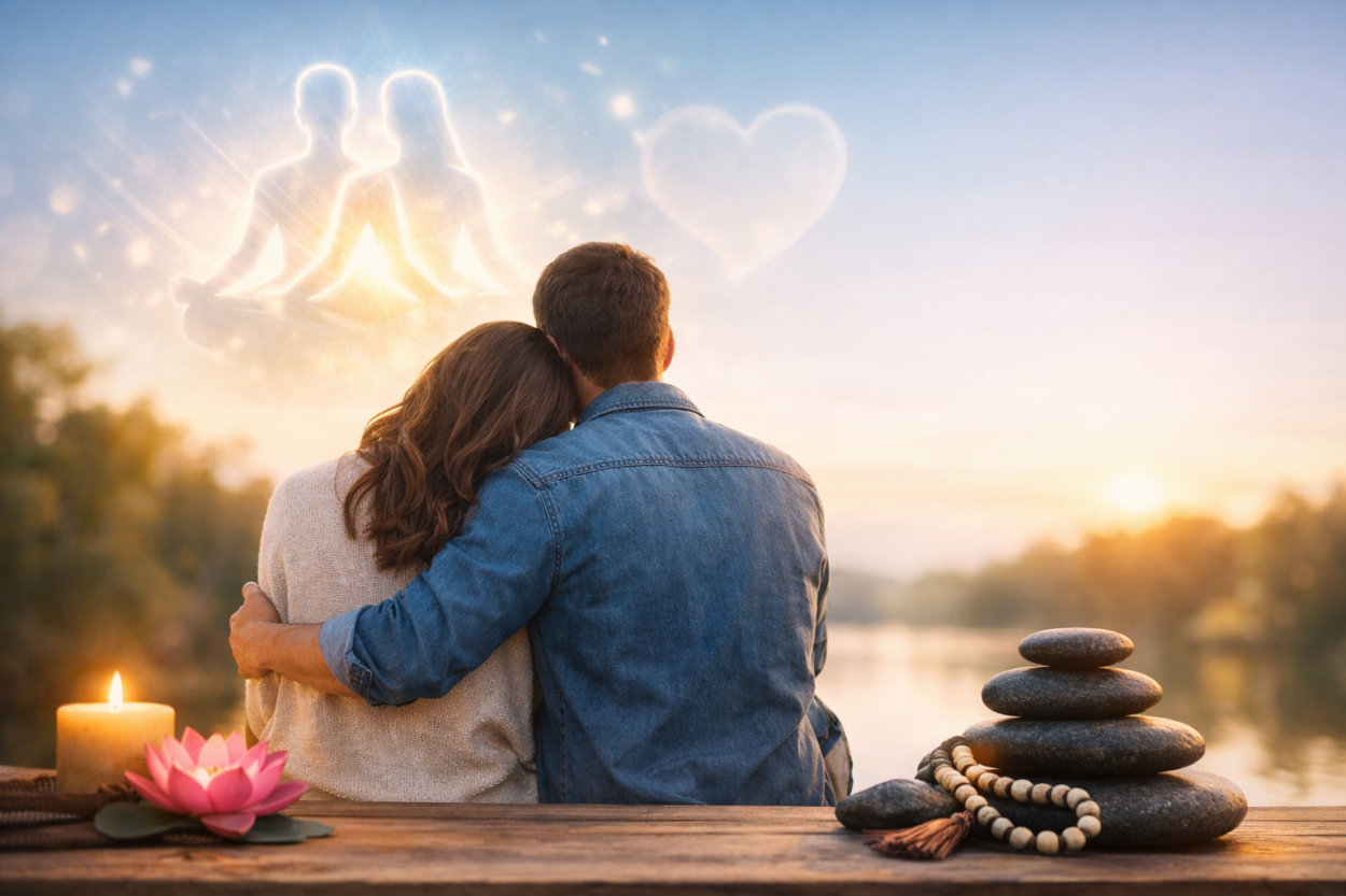Couple sitting together by a lake at sunset with spiritual elements like candles and stacked stones, symbolizing healing and emotional connection