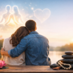 Couple sitting together by a lake at sunset with spiritual elements like candles and stacked stones, symbolizing healing and emotional connection