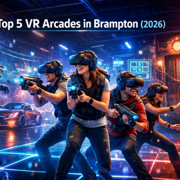 Top 5 VR arcades in Brampton 2026 featuring friends playing immersive multiplayer virtual reality games in a futuristic free-roam arena with neon lights, holographic zombies, racing visuals, and high-tech VR equipment