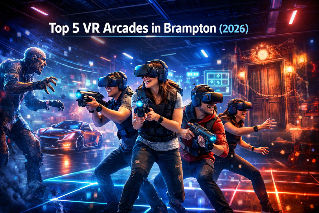 Top 5 VR arcades in Brampton 2026 featuring friends playing immersive multiplayer virtual reality games in a futuristic free-roam arena with neon lights, holographic zombies, racing visuals, and high-tech VR equipment