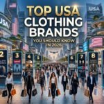A vibrant, futuristic image set in a USA city, with a prominent sign reading "TOP USA CLOTHING BRANDS YOU SHOULD KNOW IN 2026." The image features stylized, illuminated billboards for ten key brands, including Nike, Gap, Patagonia, and Ralph Lauren, alongside futuristic storefronts and diverse, stylish shoppers.