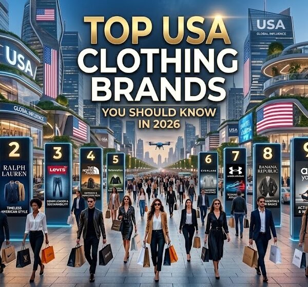 A vibrant, futuristic image set in a USA city, with a prominent sign reading "TOP USA CLOTHING BRANDS YOU SHOULD KNOW IN 2026." The image features stylized, illuminated billboards for ten key brands, including Nike, Gap, Patagonia, and Ralph Lauren, alongside futuristic storefronts and diverse, stylish shoppers.