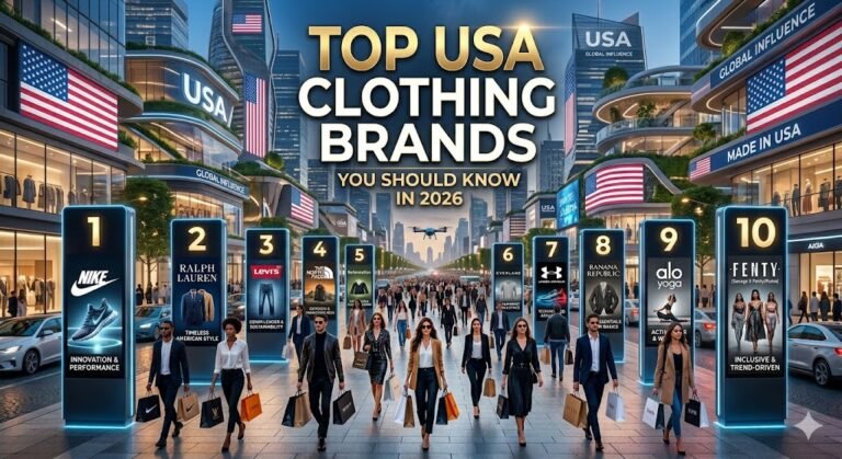 A vibrant, futuristic image set in a USA city, with a prominent sign reading "TOP USA CLOTHING BRANDS YOU SHOULD KNOW IN 2026." The image features stylized, illuminated billboards for ten key brands, including Nike, Gap, Patagonia, and Ralph Lauren, alongside futuristic storefronts and diverse, stylish shoppers.