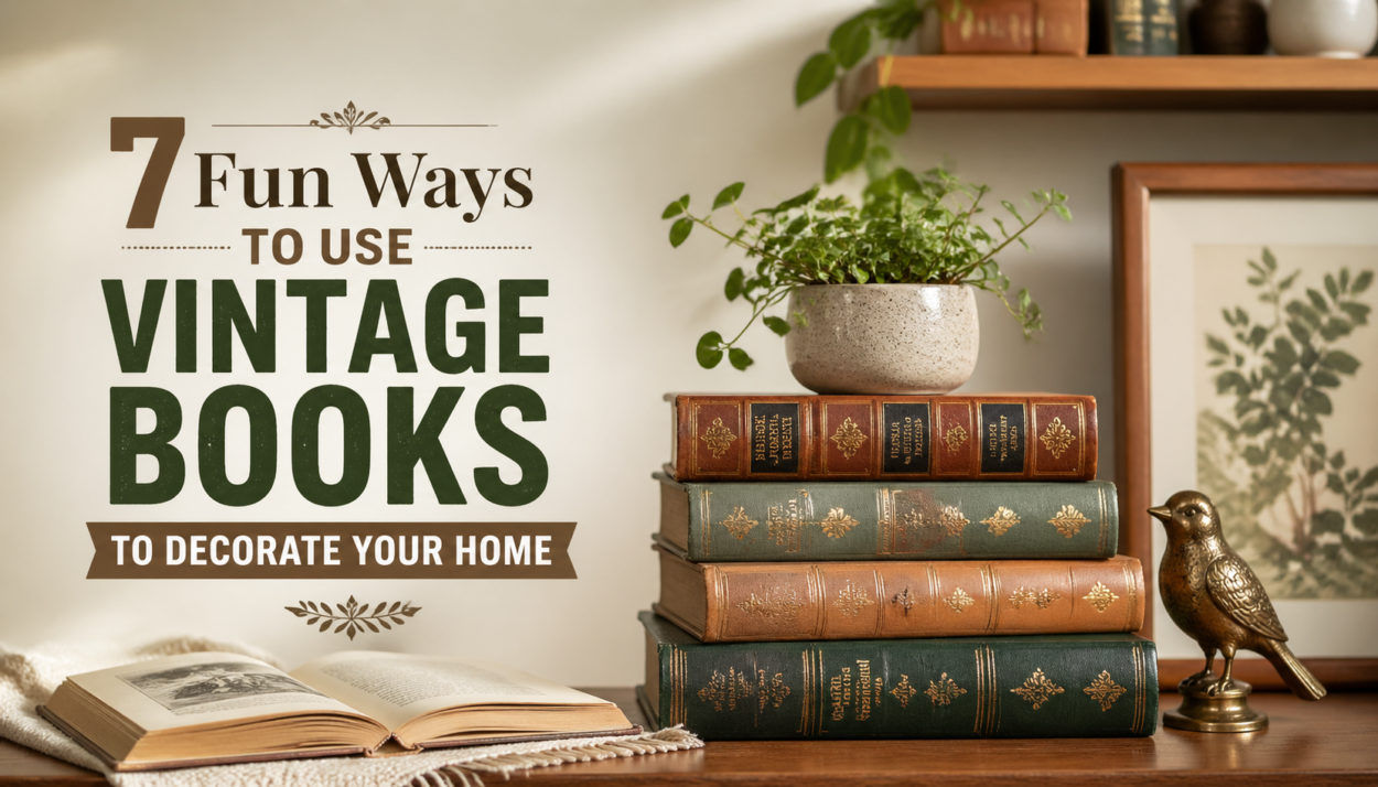 A cozy home setting with a stack of vintage books, a potted plant, and a brass bird figurine on a wooden surface. The text "7 Fun Ways to Use Vintage Books to Decorate Your Home" is prominently displayed.