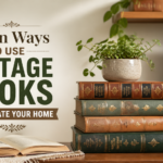 A cozy home setting with a stack of vintage books, a potted plant, and a brass bird figurine on a wooden surface. The text "7 Fun Ways to Use Vintage Books to Decorate Your Home" is prominently displayed.