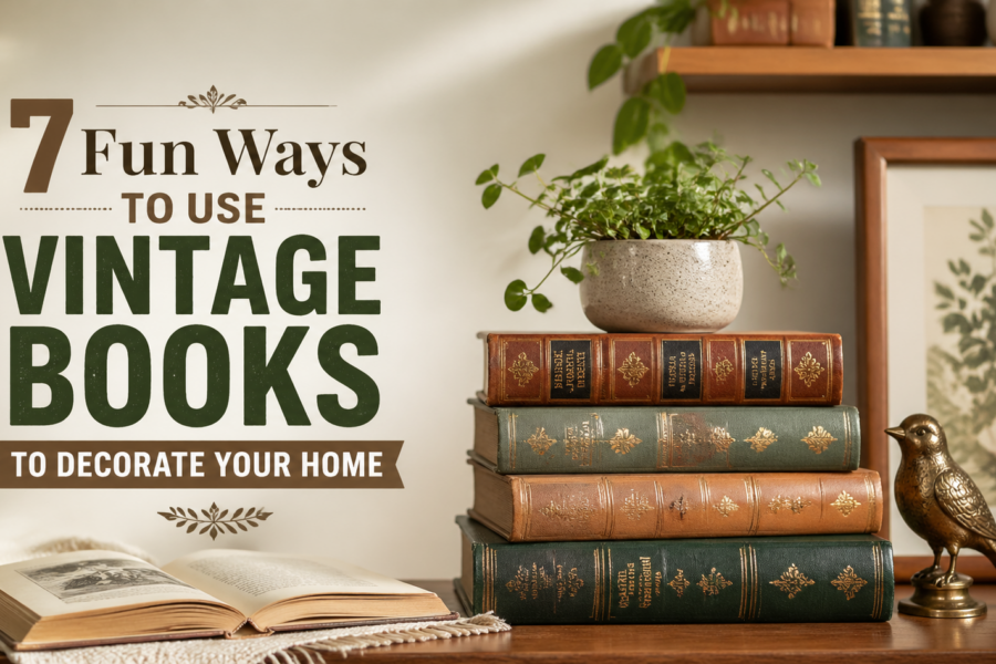 A cozy home setting with a stack of vintage books, a potted plant, and a brass bird figurine on a wooden surface. The text "7 Fun Ways to Use Vintage Books to Decorate Your Home" is prominently displayed.