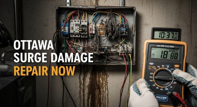 Electrician inspecting electrical panel after power surge in Ottawa home