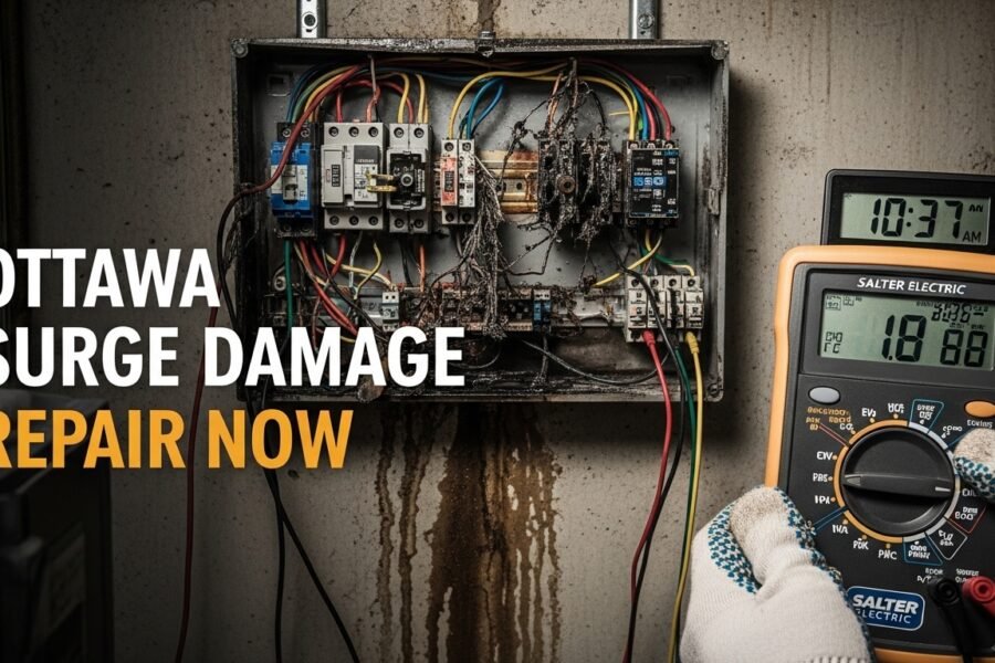 Electrician inspecting electrical panel after power surge in Ottawa home