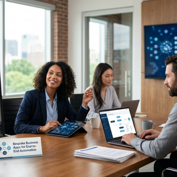 A diverse team of professionals in a modern office collaborating on bespoke business applications for end-to-end automation displayed on laptops and tablets.
