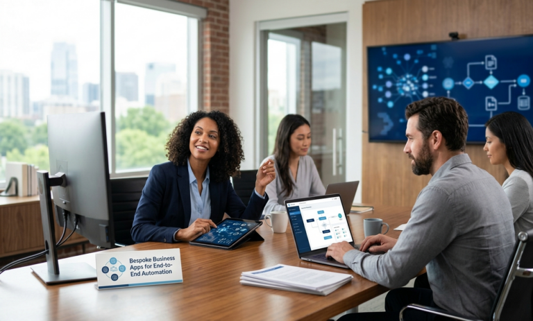A diverse team of professionals in a modern office collaborating on bespoke business applications for end-to-end automation displayed on laptops and tablets.
