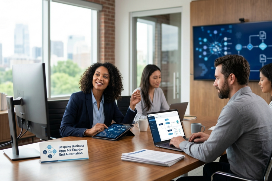 A diverse team of professionals in a modern office collaborating on bespoke business applications for end-to-end automation displayed on laptops and tablets.