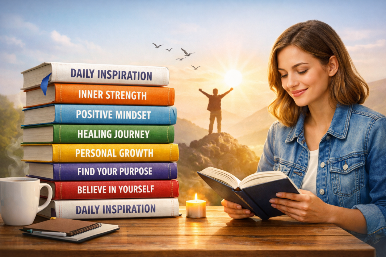 Stack of inspirational books beside a woman reading with a sunrise background symbolizing personal growth and motivation