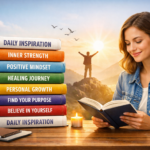 Stack of inspirational books beside a woman reading with a sunrise background symbolizing personal growth and motivation
