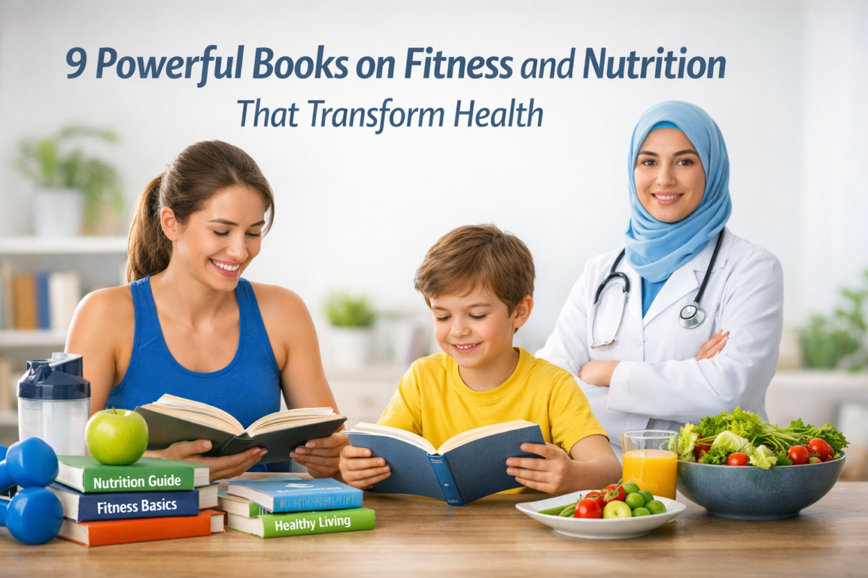 Mother and child reading fitness and nutrition books at a table with healthy food and a doctor standing nearby, representing family wellness and health education