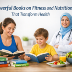 Mother and child reading fitness and nutrition books at a table with healthy food and a doctor standing nearby, representing family wellness and health education