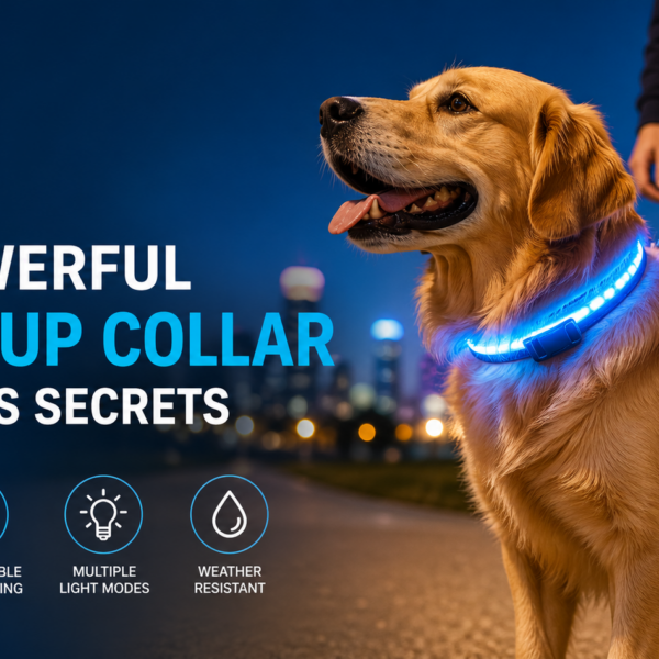 Golden retriever wearing a glowing LED light up collar during a nighttime walk, improving visibility and safety in low light conditions