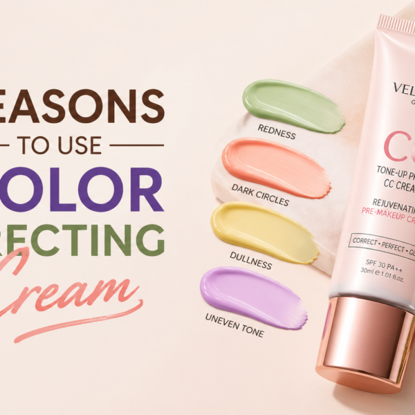 A sleek tube of Velmora Glow's Tone-Up Primer CC Cream sits next to colorful swatches of color correcting cream in peach, purple, yellow, and green on a smooth stone surface. The words "5 Reasons to Use Color Correcting Cream" are prominently displayed in large, modern font.