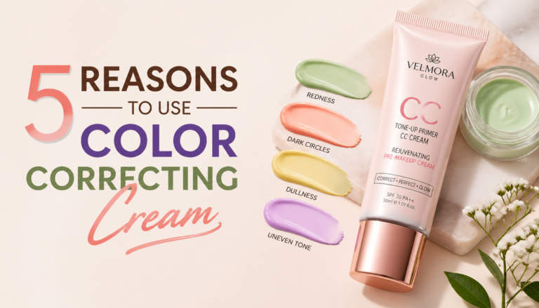 A sleek tube of Velmora Glow's Tone-Up Primer CC Cream sits next to colorful swatches of color correcting cream in peach, purple, yellow, and green on a smooth stone surface. The words "5 Reasons to Use Color Correcting Cream" are prominently displayed in large, modern font.