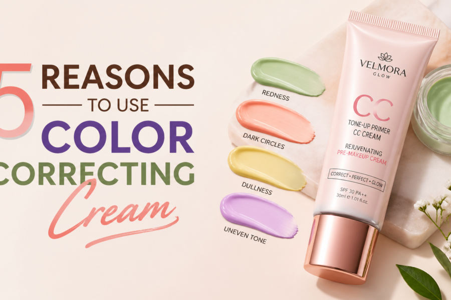 A sleek tube of Velmora Glow's Tone-Up Primer CC Cream sits next to colorful swatches of color correcting cream in peach, purple, yellow, and green on a smooth stone surface. The words "5 Reasons to Use Color Correcting Cream" are prominently displayed in large, modern font.