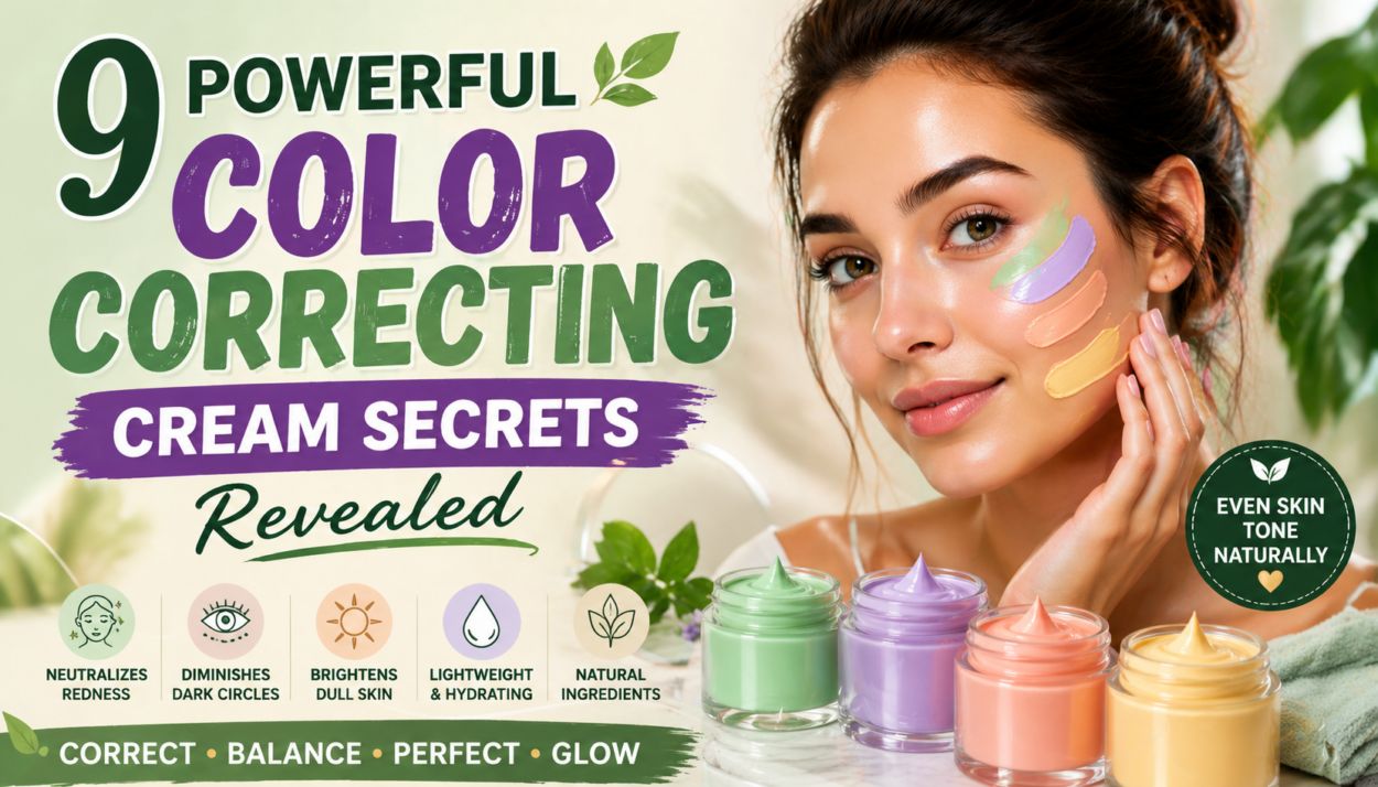 Color correcting cream infographic with skincare benefits and a model applying the product.