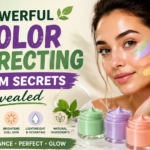 Color correcting cream infographic with skincare benefits and a model applying the product.