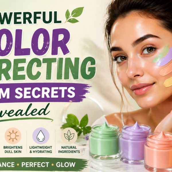 Color correcting cream infographic with skincare benefits and a model applying the product.