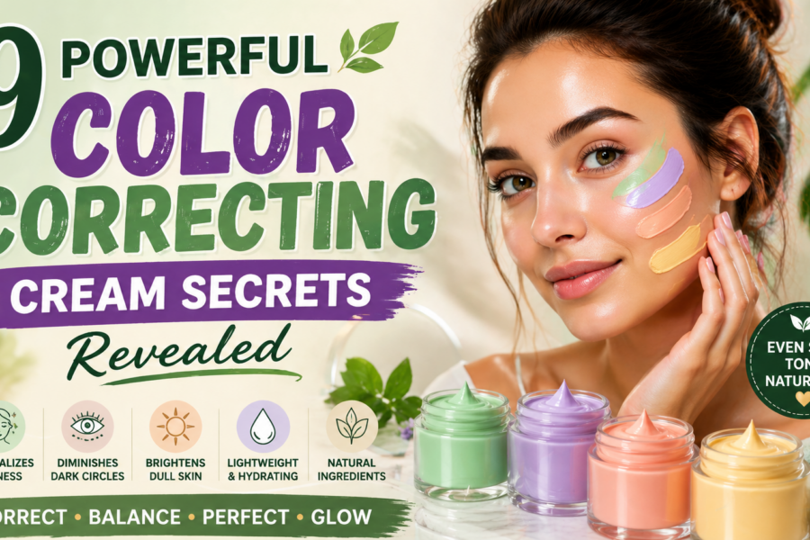 Color correcting cream infographic with skincare benefits and a model applying the product.