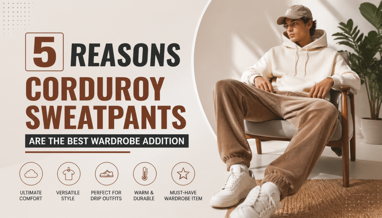 A stylish model wearing beige corduroy sweatpants and a white hoodie, sitting in a modern chair. The image highlights "5 Reasons Corduroy Sweatpants Are the Best Wardrobe Addition," with icons representing comfort, style, versatility, and warmth.