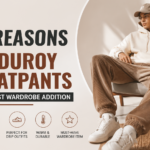 A stylish model wearing beige corduroy sweatpants and a white hoodie, sitting in a modern chair. The image highlights "5 Reasons Corduroy Sweatpants Are the Best Wardrobe Addition," with icons representing comfort, style, versatility, and warmth.