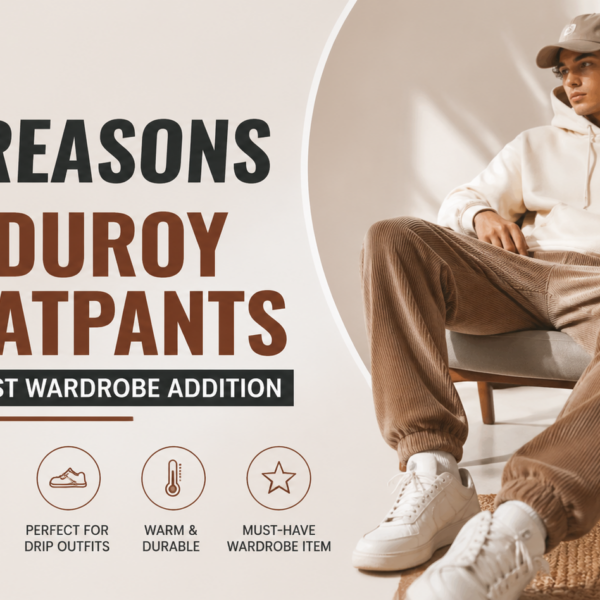 A stylish model wearing beige corduroy sweatpants and a white hoodie, sitting in a modern chair. The image highlights "5 Reasons Corduroy Sweatpants Are the Best Wardrobe Addition," with icons representing comfort, style, versatility, and warmth.