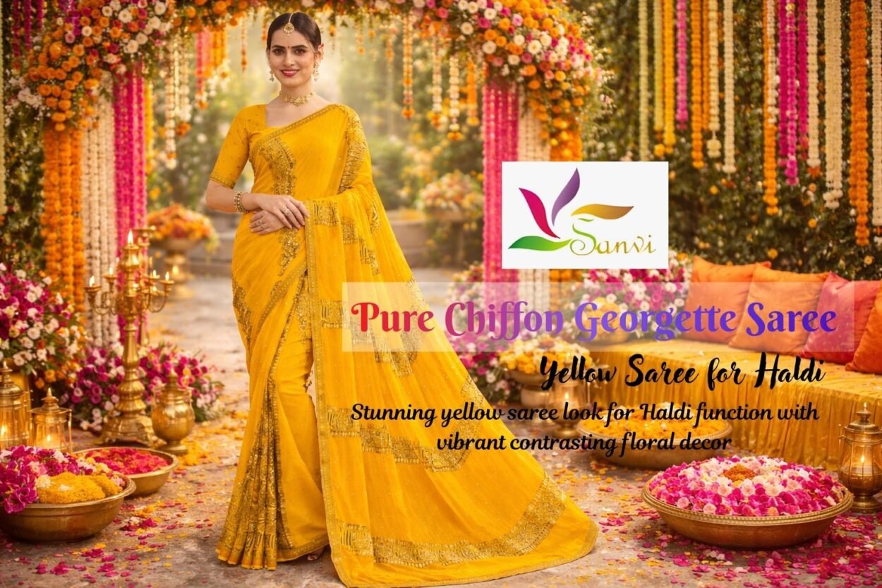 Beautiful woman wearing yellow saree in haldi function with contrasting pink and floral decoration