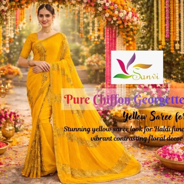 Beautiful woman wearing yellow saree in haldi function with contrasting pink and floral decoration