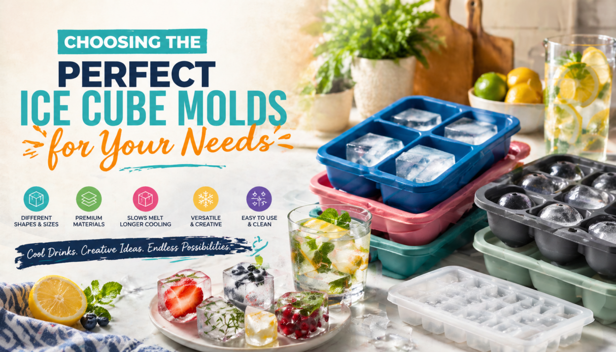 A bright, vibrant kitchen scene featuring colorful ice cube molds with fresh citrus-infused drinks and fruits. The design showcases different shapes and sizes of ice cubes, highlighting the versatility and creative uses of ice cube molds.
