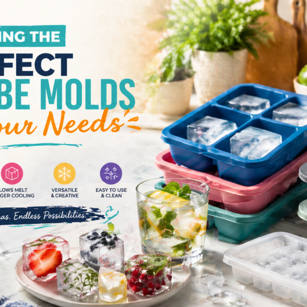 A bright, vibrant kitchen scene featuring colorful ice cube molds with fresh citrus-infused drinks and fruits. The design showcases different shapes and sizes of ice cubes, highlighting the versatility and creative uses of ice cube molds.