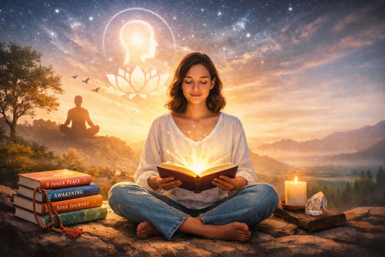 Woman meditating while reading a glowing spiritual book at sunrise, surrounded by candles, crystals, and stacked books symbolizing spiritual awakening and inner peace